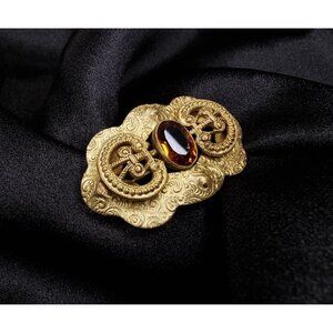 Antique Victorian Ornate Gold-Tone Brooch With Amber Glass Gemstone & Intricate